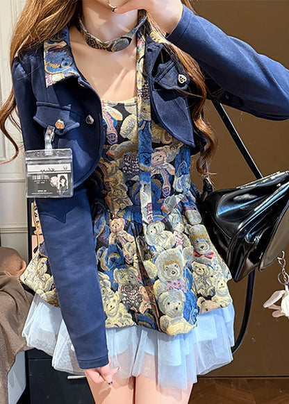 Einzigartiges zweiteiliges Set aus Mantel und Midikleid mit blauem Tüll-Patchworkmuster für den Herbst