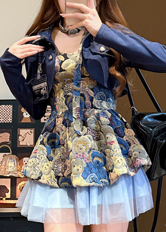 Einzigartiges zweiteiliges Set aus Mantel und Midikleid mit blauem Tüll-Patchworkmuster für den Herbst