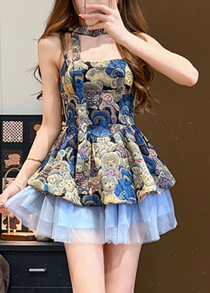 Einzigartiges zweiteiliges Set aus Mantel und Midikleid mit blauem Tüll-Patchworkmuster für den Herbst