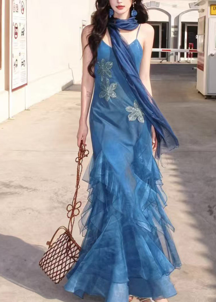 Unique Blue Ruffled Slim Fit Chiffon Maxi Dress Summer