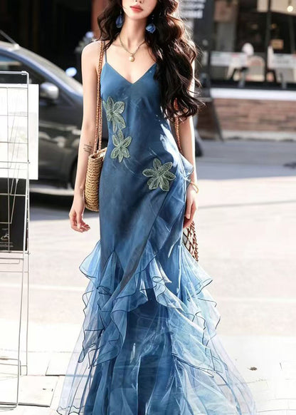Unique Blue Ruffled Slim Fit Chiffon Maxi Dress Summer