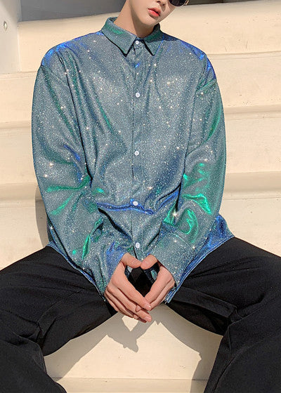 Unique Blue Sequins Oversized Men Twillory Shirts Fall