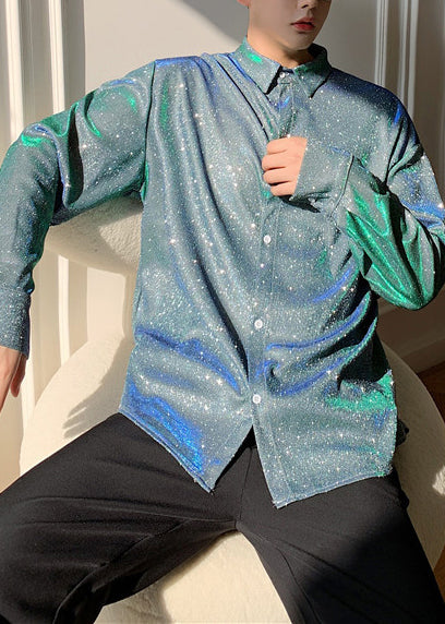 Unique Blue Sequins Oversized Men Twillory Shirts Fall