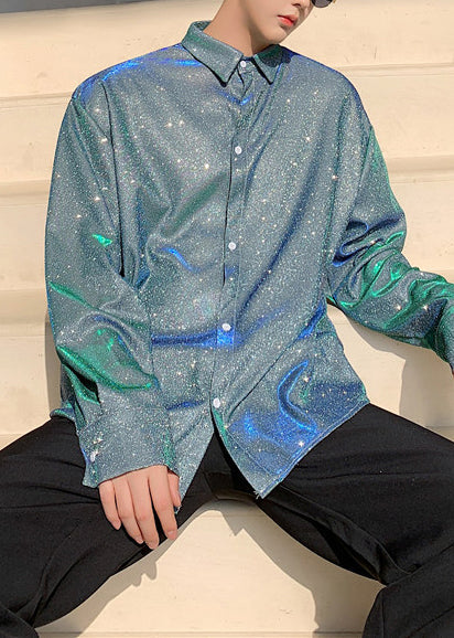 Unique Blue Sequins Oversized Men Twillory Shirts Fall
