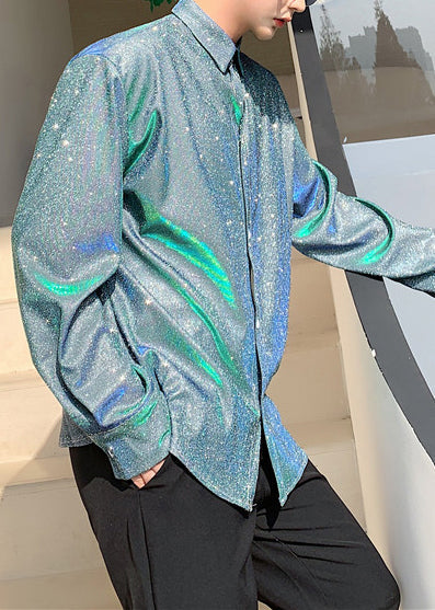 Unique Blue Sequins Oversized Men Twillory Shirts Fall