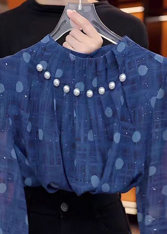 Einzigartige blaue Chiffonhemden mit Stehkragen und Nagelperlen für den Frühling