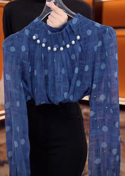 Einzigartige blaue Chiffonhemden mit Stehkragen und Nagelperlen für den Frühling