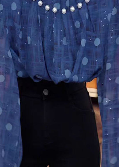 Einzigartige blaue Chiffonhemden mit Stehkragen und Nagelperlen für den Frühling