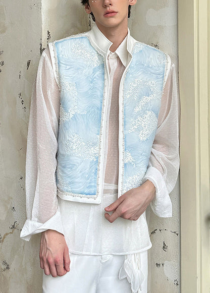 Einzigartige blaue Stehkragen-Herrenweste aus Perlbaumwolle, ärmellos