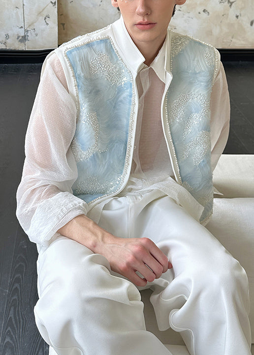 Einzigartige blaue Stehkragen-Herrenweste aus Perlbaumwolle, ärmellos