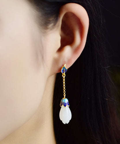 Pendientes colgantes únicos de jade esmaltado en color azul y plata de ley
