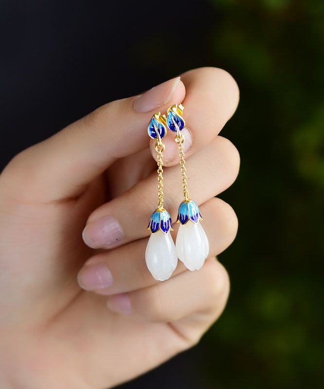 Pendientes colgantes únicos de jade esmaltado en color azul y plata de ley