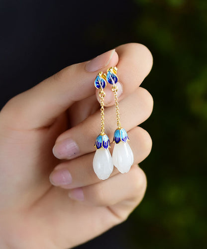 Pendientes colgantes únicos de jade esmaltado en color azul y plata de ley