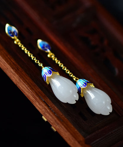 Pendientes colgantes únicos de jade esmaltado en color azul y plata de ley