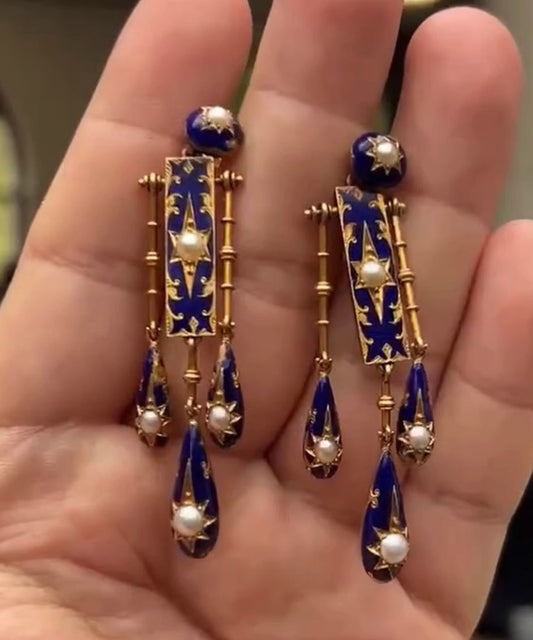 Einzigartiger blauer Ohrhänger aus Sterlingsilber mit Cloisonné-Verzierung, achtzackigem Stern und Perlenquaste