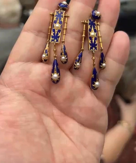 Einzigartiger blauer Ohrhänger aus Sterlingsilber mit Cloisonné-Verzierung, achtzackigem Stern und Perlenquaste