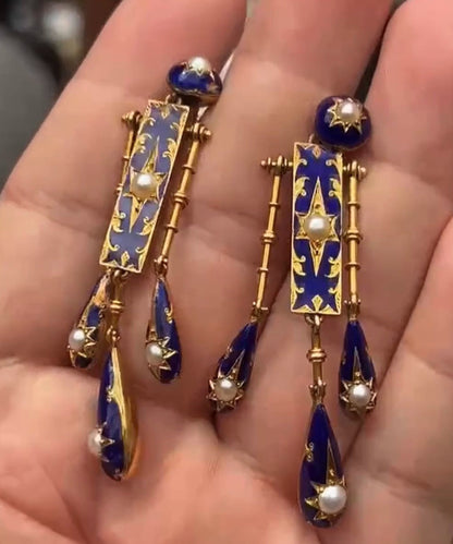 Unique Blue Sterling Silver Overgild Cloisonne Eight-Pointed Star Pearl Tassel Drop Earring