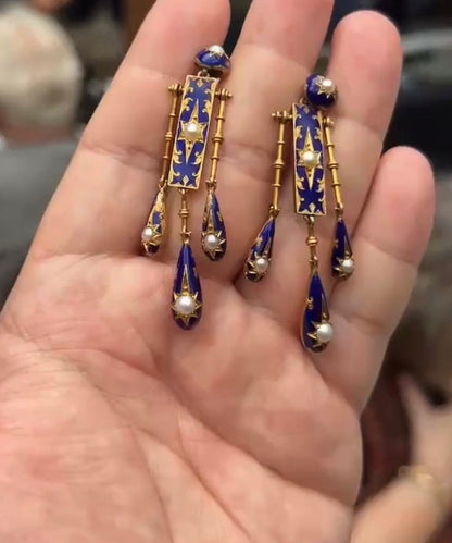 Unique Blue Sterling Silver Overgild Cloisonne Eight-Pointed Star Pearl Tassel Drop Earring