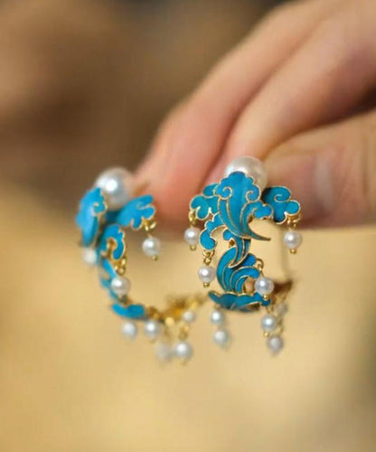 Pendientes de aro únicos con borlas de perlas esmaltadas y sobredoradas en plata de ley azul
