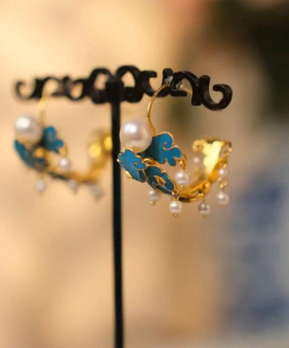 Pendientes de aro únicos con borlas de perlas esmaltadas y sobredoradas en plata de ley azul