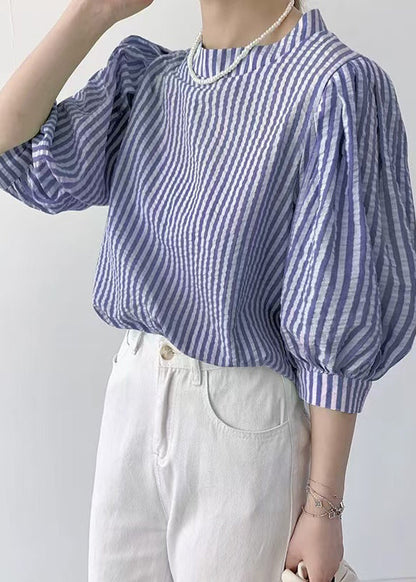 Unique Blue Striped Cotton Shirt Top Puff Sleeve