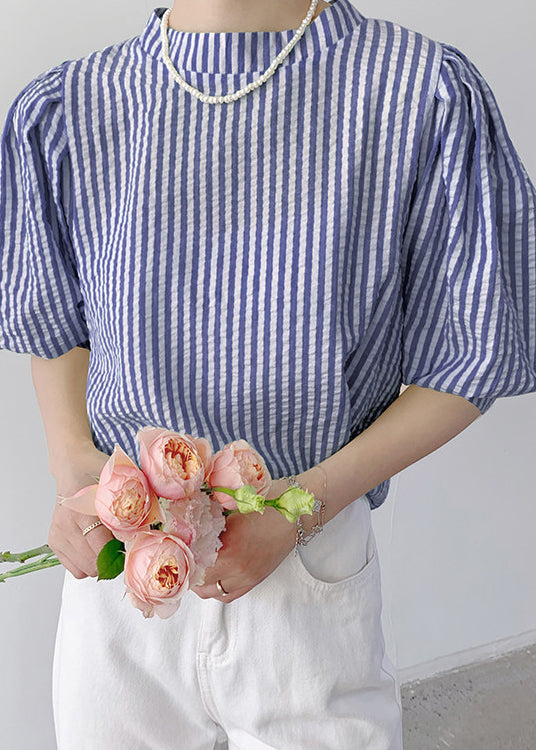 Unique Blue Striped Cotton Shirt Top Puff Sleeve