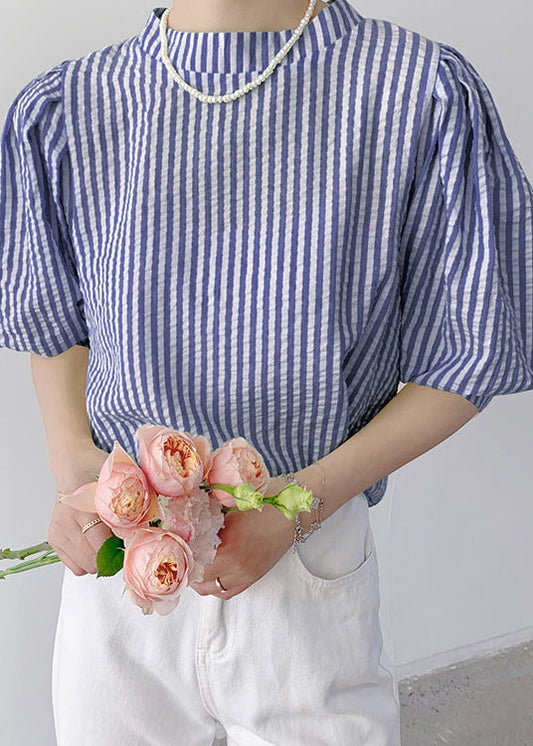 Unique Blue Striped Cotton Shirt Top Puff Sleeve