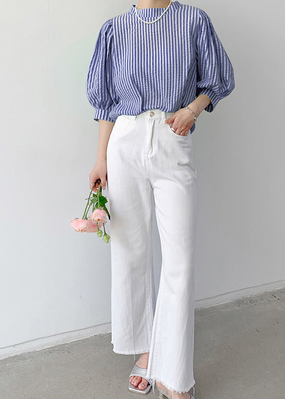 Unique Blue Striped Cotton Shirt Top Puff Sleeve