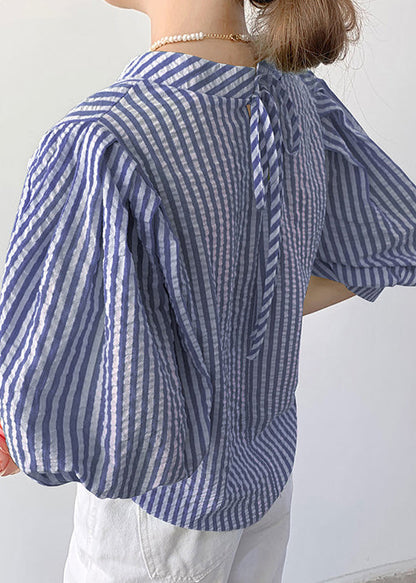 Unique Blue Striped Cotton Shirt Top Puff Sleeve