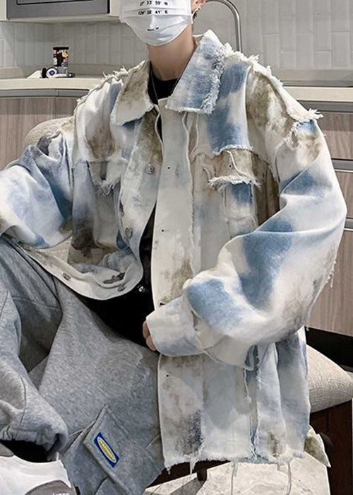 Unique Blue Tie Dye Raw Edge Denim Mens Coats Fall