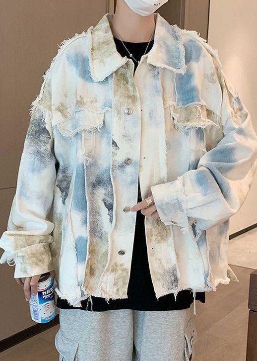 Unique Blue Tie Dye Raw Edge Denim Mens Coats Fall