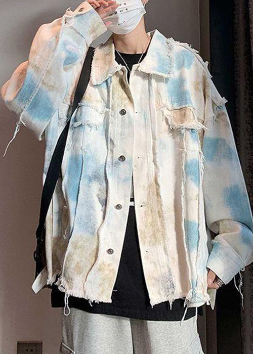 Unique Blue Tie Dye Raw Edge Denim Mens Coats Fall