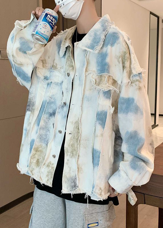 Unique Blue Tie Dye Raw Edge Denim Mens Coats Fall