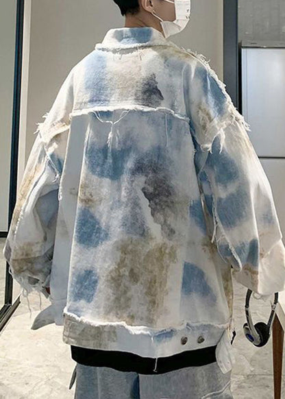 Unique Blue Tie Dye Raw Edge Denim Mens Coats Fall