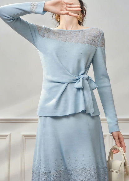 Unique Blue Tie Waist Knit Top And Maxi Skirts Two Piece Set Spring