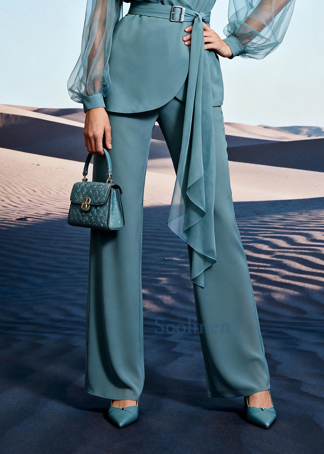 Unique Blue Tulle Patchwork Shirts And Wide Leg Pants Two Pieces Set Lantern Sleeve