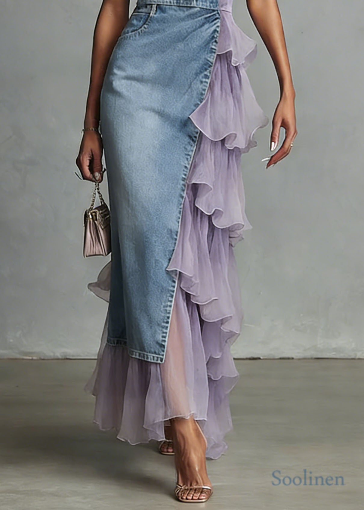 Unique Blue Tulle Ruffled Patchwork Denim Spaghetti Strap Dress Summer