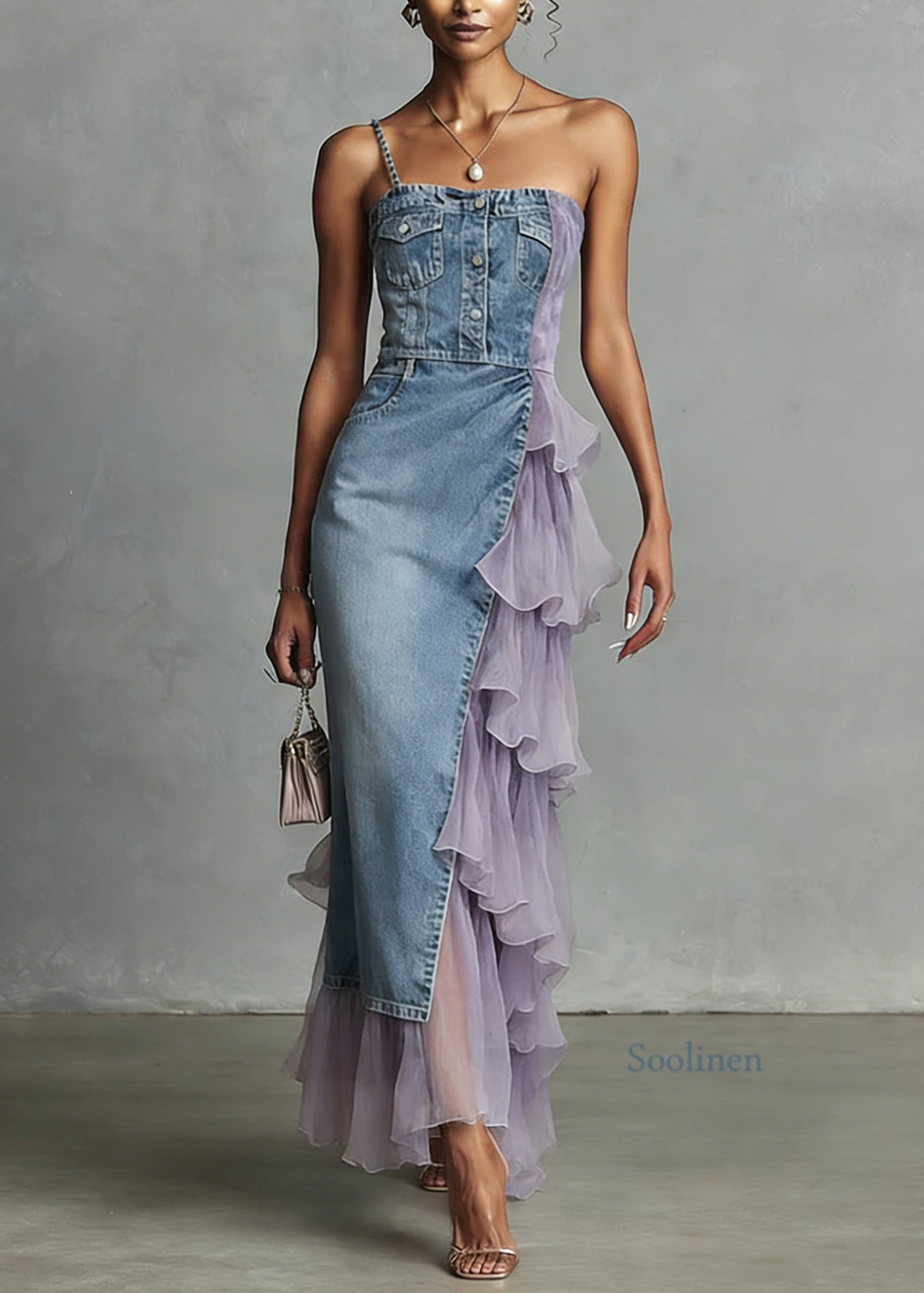 Unique Blue Tulle Ruffled Patchwork Denim Spaghetti Strap Dress Summer