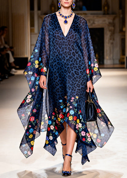 Unique Blue V Neck Asymmetrical Design Print Chiffon Dress Summer