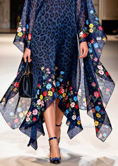 Unique Blue V Neck Asymmetrical Design Print Chiffon Dress Summer