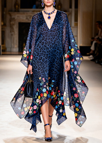 Unique Blue V Neck Asymmetrical Design Print Chiffon Dress Summer
