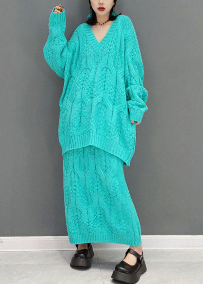 Einzigartige blaue V-Ausschnitt Zopfmuster Tops A-Linie Röcke Zweiteiliges Set Frühling