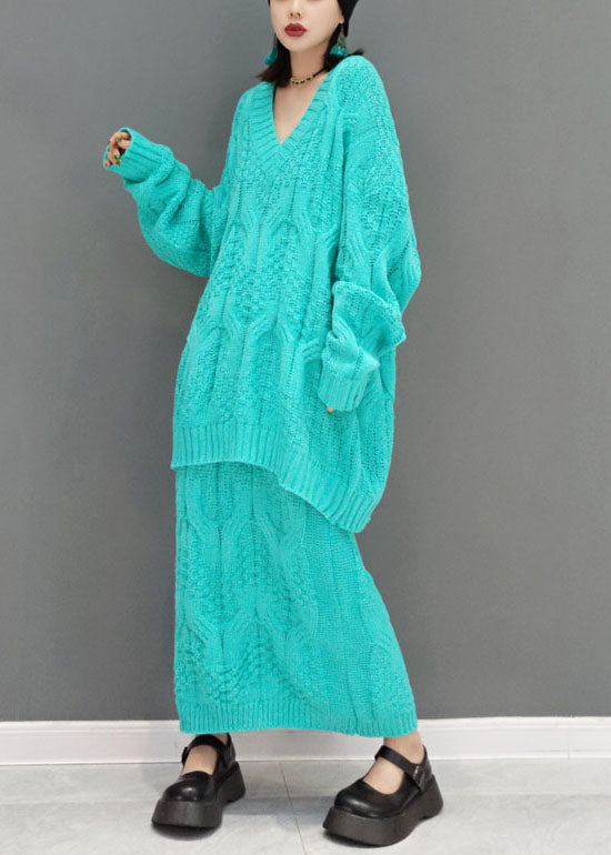 Einzigartige blaue V-Ausschnitt Zopfmuster Tops A-Linie Röcke Zweiteiliges Set Frühling