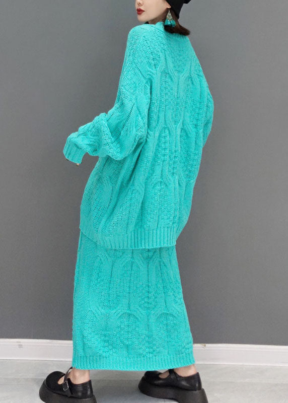 Einzigartige blaue V-Ausschnitt Zopfmuster Tops A-Linie Röcke Zweiteiliges Set Frühling