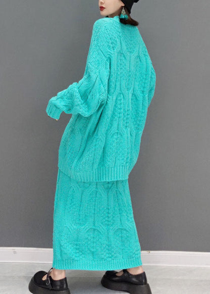 Einzigartige blaue V-Ausschnitt Zopfmuster Tops A-Linie Röcke Zweiteiliges Set Frühling