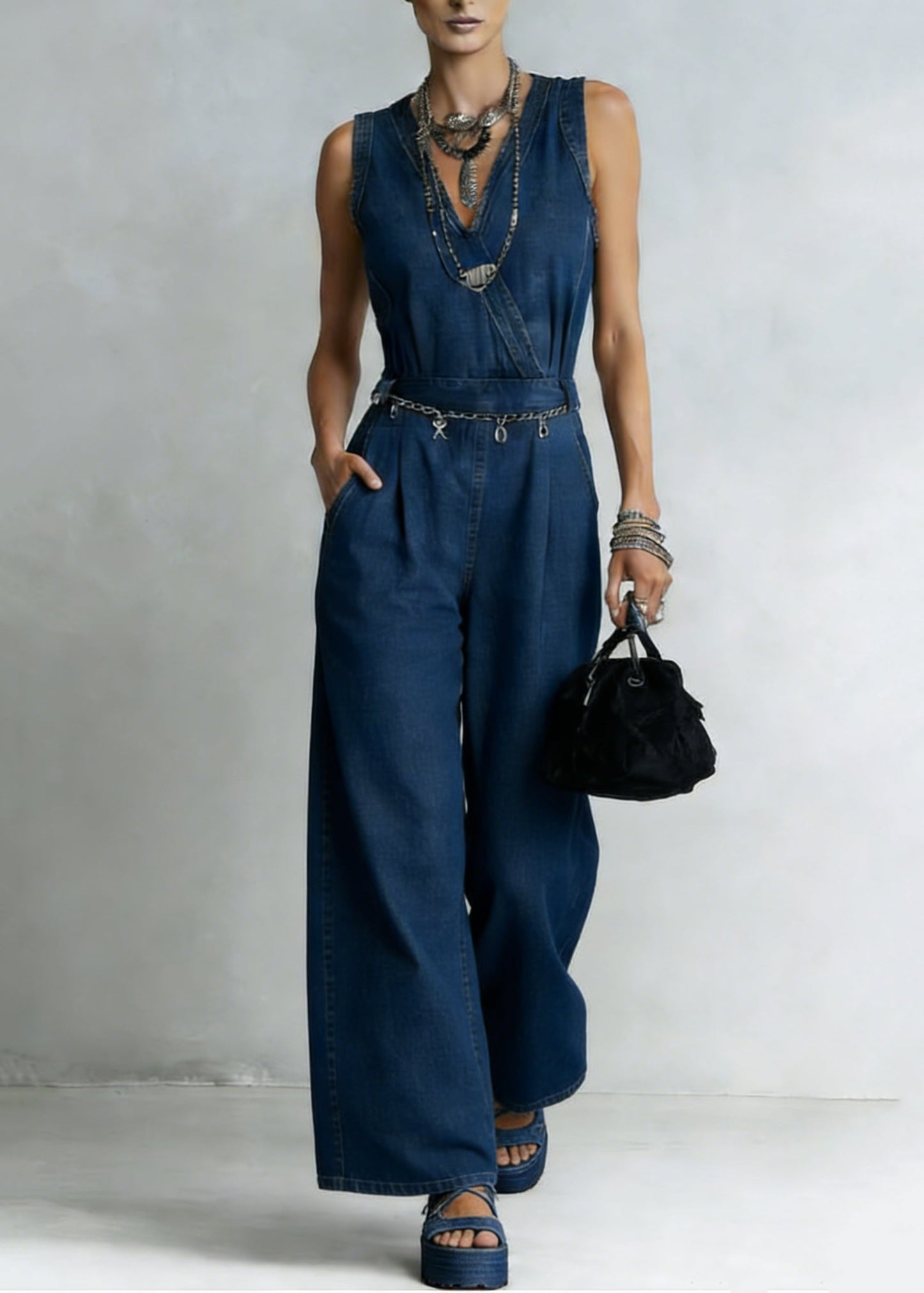 Unique Blue V Neck High Waist Denim Jumpsuit Sleeveless