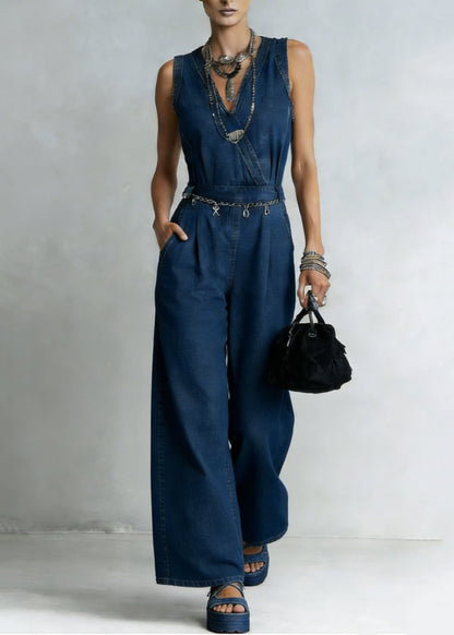 Unique Blue V Neck High Waist Denim Jumpsuit Sleeveless