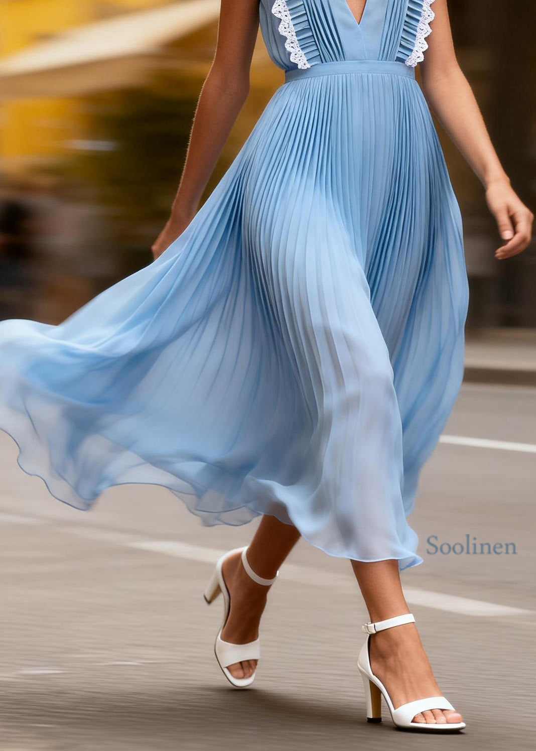 Unique Blue V Neck Lace Patchwork Chiffon Ankle Dress Sleeveless