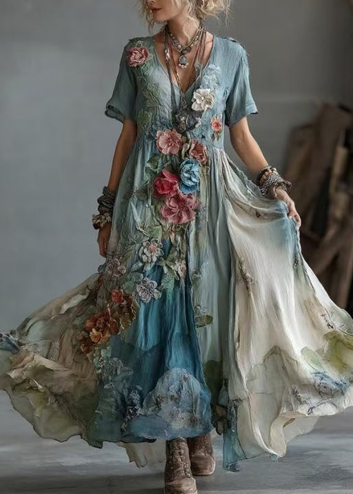 Unique Blue V Neck Tie Dye Floral Cotton Maxi Dress Summer