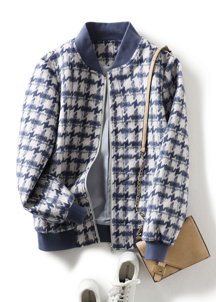 Einzigartige blaue Zip Up Plaid Wolljacken Frühling